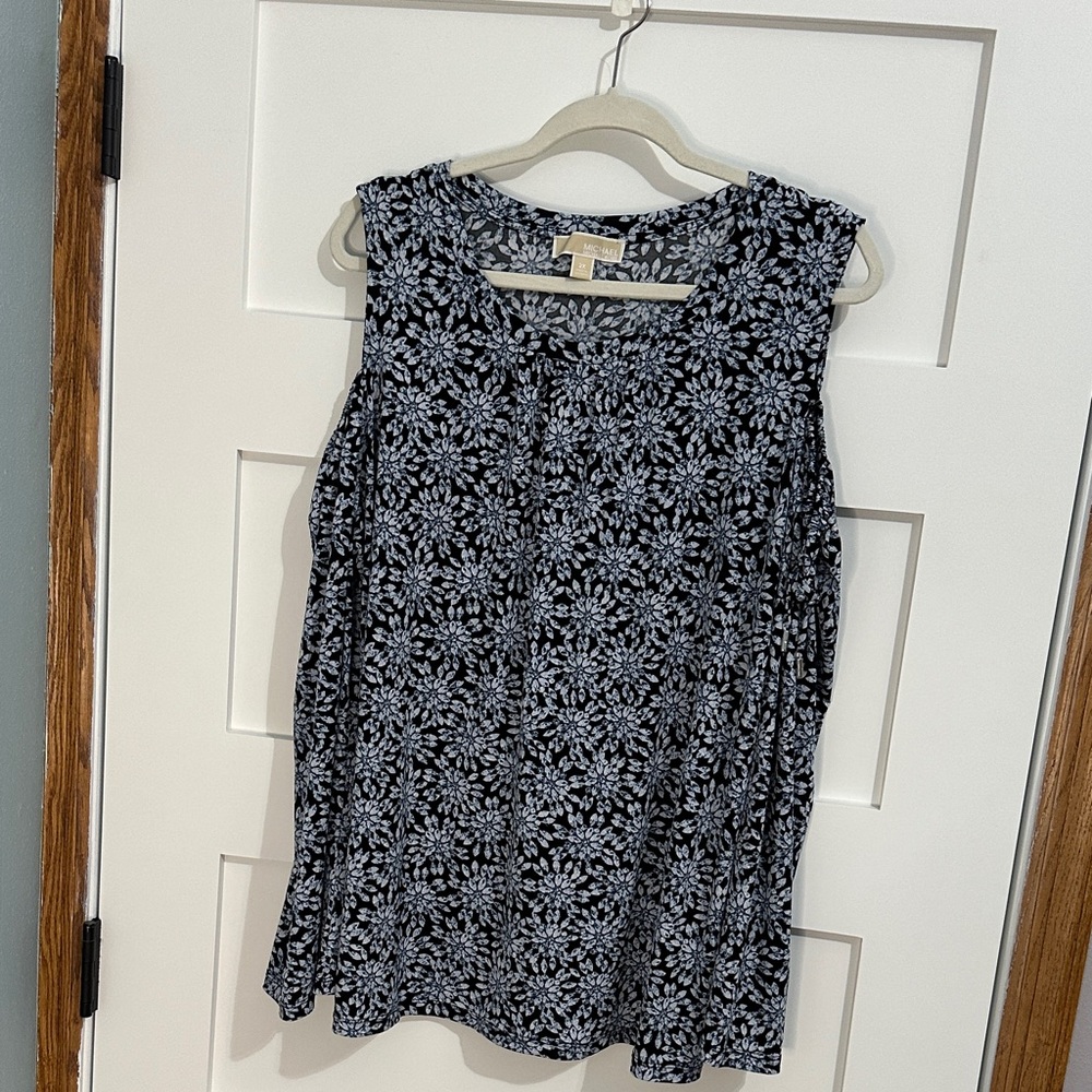 MICHAEL Michael Kors Black and Blue Floral Cut-Out Shoulder Long Sleeve Top